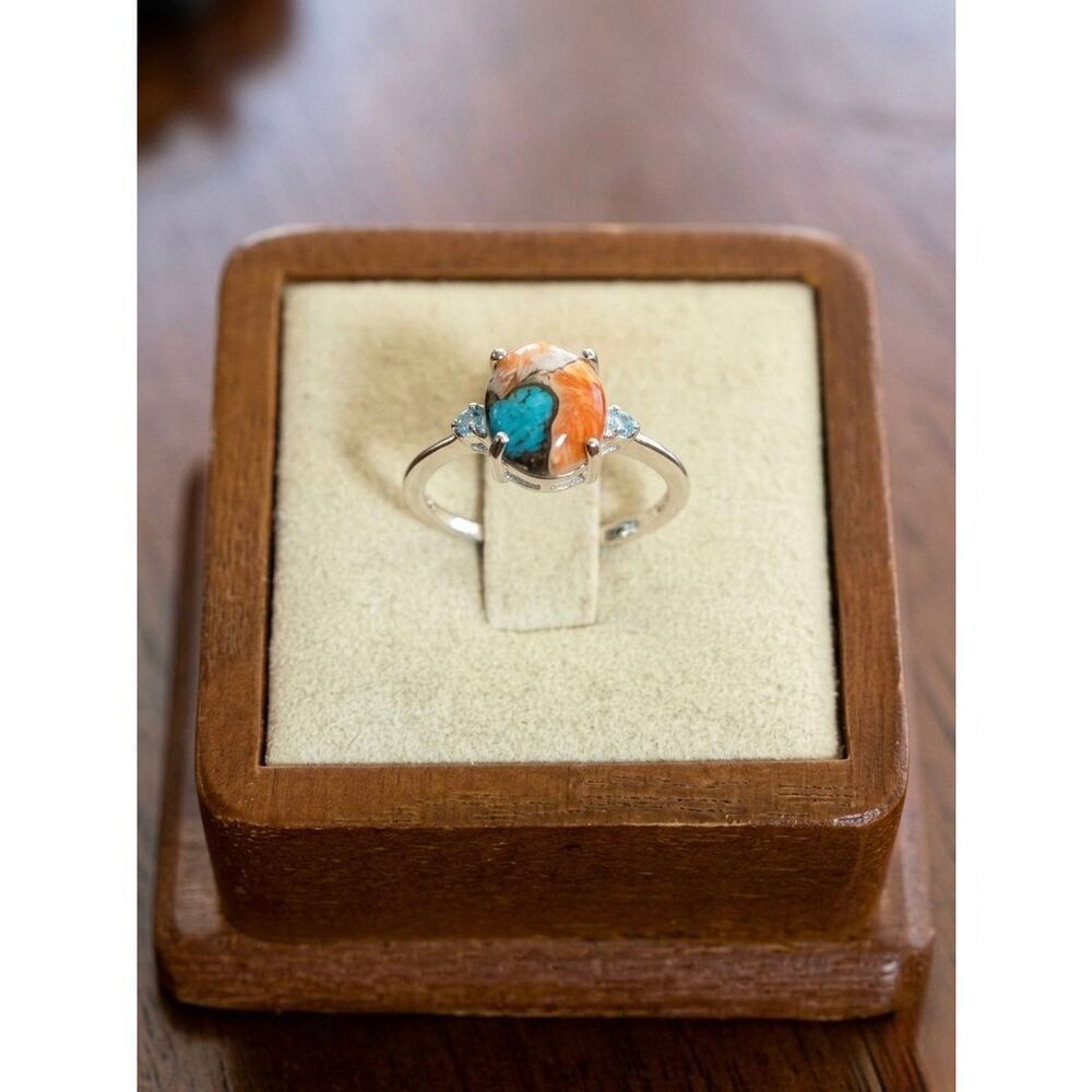 Southwestern Oval Spiny Oyster Dahlia Turquoise & Blue Topaz Dainty Silver Ring